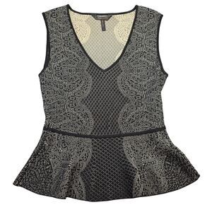 BCBGMaxazria Black Tan Knit Shirt Stretch Preppy V-Neck Sleeveless Womens Size S